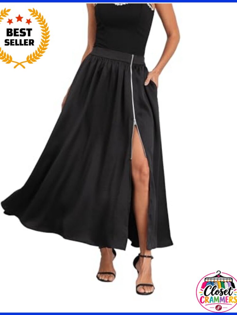 Satin Flowy A-Line Zip Slit Wrap Maxi Skirt Pockets